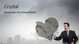  Presentation with heart - Slide set having young businessman breaking stone heart background and a  colored foreground