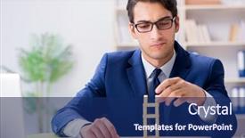  Presentation with domino - Colorful theme enhanced with young businessman building domino tower backdrop and a navy blue colored foreground