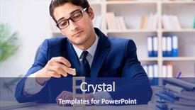  Presentation with domino - Slides featuring young businessman building domino tower background and a navy blue colored foreground