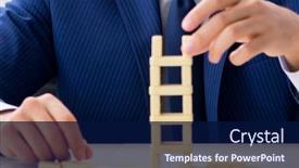  Presentation with domino - Colorful presentation design enhanced with young-businessman-building-domino-tower backdrop and a navy blue colored foreground