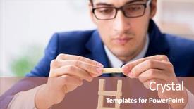  Presentation with domino - Amazing PPT theme having young businessman building domino tower backdrop and a  colored foreground