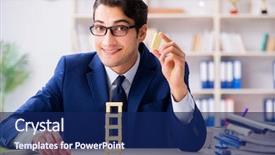  Presentation with domino - Slide set consisting of young businessman building domino tower background and a navy blue colored foreground