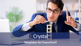  Presentation with domino - Slide deck with young businessman building domino tower background and a ocean colored foreground