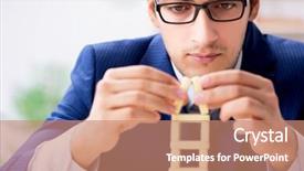  Presentation with domino - Slide set consisting of young businessman building domino tower background and a coral colored foreground