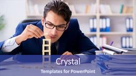  Presentation with domino - Slide set featuring young businessman building domino tower background and a ocean colored foreground