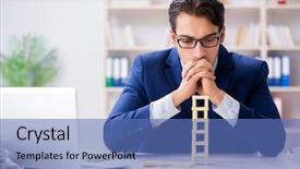  Presentation with domino - Audience pleasing slide set consisting of young businessman building domino tower backdrop and a teal colored foreground