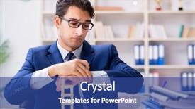  Presentation with domino - Slide set enhanced with young businessman building domino tower background and a ocean colored foreground