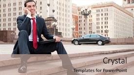  Presentation with call duty mobile - PPT layouts having young businessman calls on mobile background and a mint green colored foreground