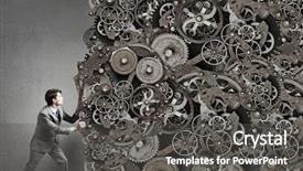  Presentation with mechanism - Audience pleasing presentation design consisting of young businessman carrying huge gears backdrop and a  colored foreground