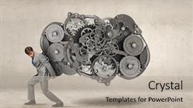  Presentation with mechanical gear mechanism team work - Presentation having young businessman carrying huge gears background and a  colored foreground