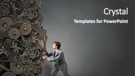  Presentation with mechanism - Colorful presentation theme enhanced with young businessman carrying huge gears backdrop and a  colored foreground