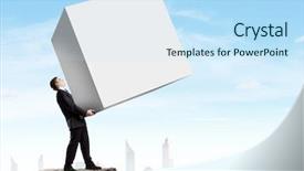  Presentation with cube - Audience pleasing PPT theme consisting of young businessman carrying white blank cube place for text backdrop and a sky blue colored foreground