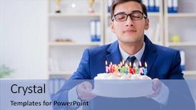  Presentation with alone - Slide set featuring job anniversary - young businessman celebrating birthday alone background and a light blue colored foreground