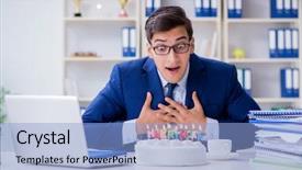  Presentation with alone - Audience pleasing presentation consisting of young businessman celebrating birthday alone in office backdrop and a light blue colored foreground