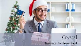  Presentation with celebrate office success - Cool new PPT theme with young-businessman-celebrating-christmas backdrop and a light blue colored foreground
