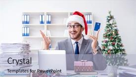  Presentation with bonus - Slide deck with young businessman celebrating christmas background and a light blue colored foreground