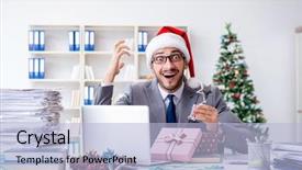  Presentation with celebrate office success - Beautiful slide deck featuring young businessman celebrating christmas backdrop and a  colored foreground