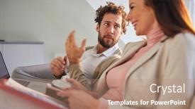  Presentation with atmosphere - Theme enhanced with young-businessman-chatting-and-taking background and a coral colored foreground