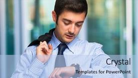  Presentation with zone - Colorful PPT layouts enhanced with young businessman checking time backdrop and a light blue colored foreground