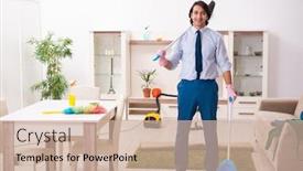  Presentation with cleaning - Audience pleasing slides consisting of young-businessman-cleaning-the-house backdrop and a soft green colored foreground