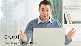  Presentation with home office - PPT layouts with young businessman clueless about his notebook in his home office background and a light gray colored foreground