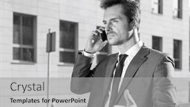  Presentation with cell - PPT theme enhanced with young businessman conversing on cell phone against office building background and a light gray colored foreground
