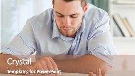  Presentation with climate change worry - Cool new slide deck with young businessman counting his small backdrop and a coral colored foreground