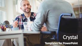  Presentation with handicap - Cool new slides with young businessman discussing with handicap backdrop and a dark gray colored foreground