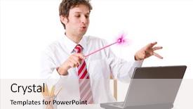  Presentation with magic wand - Slide deck with young businessman doing some magic background and a light gray colored foreground