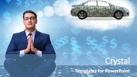  Presentation with to get more things done - Presentation design having young businessman dreaming of better background and a teal colored foreground