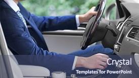  Presentation with sleepy yawning man driving car - PPT theme featuring young businessman driving car background and a ocean colored foreground