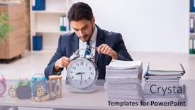  Presentation with alarm - Slide deck having young-businessman-employee-eating-alarm background and a light blue colored foreground