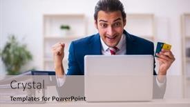  Presentation with employee - Colorful PPT theme enhanced with young-businessman-employee-in-e backdrop and a soft green colored foreground