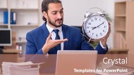  Presentation with management - PPT layouts with young-businessman-employee-in-time background and a coral colored foreground