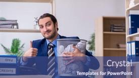  Presentation with new ideas - PPT theme with young-businessman-employee-rejecting-new background and a ocean colored foreground