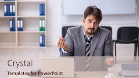  Presentation with workplace - Presentation design enhanced with young-businessman-employee-suffering background and a  colored foreground