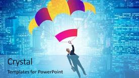  Presentation with parachute - Presentation enhanced with young businessman falling on parachute background and a light blue colored foreground