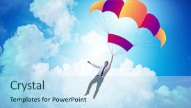  Presentation with parachute - Beautiful PPT theme featuring young businessman falling on parachute backdrop and a sky blue colored foreground