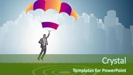  Presentation with parachute - Beautiful PPT theme featuring young businessman falling on parachute backdrop and a tawny brown colored foreground