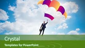  Presentation with parachute - PPT theme enhanced with young businessman falling on parachute background and a tawny brown colored foreground