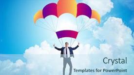  Presentation with parachute - Theme consisting of young businessman falling on parachute background and a sky blue colored foreground