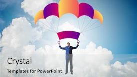  Presentation with parachute - Theme having young businessman falling on parachute background and a  colored foreground