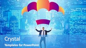  Presentation with parachute - Colorful presentation design enhanced with young businessman falling on parachute backdrop and a  colored foreground