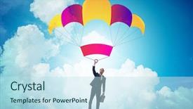  Presentation with parachute - PPT theme consisting of young businessman falling on parachute background and a sky blue colored foreground