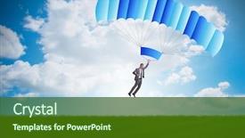  Presentation with parachute - Presentation design consisting of young businessman falling on parachute background and a forest green colored foreground