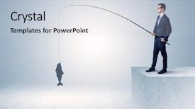  Presentation with fishing - PPT theme featuring young businessman fishing golden fish background and a lemonade colored foreground