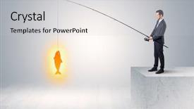  Presentation with fishing - PPT layouts with young businessman fishing golden fish background and a  colored foreground