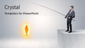  Presentation with golden 50th wedding aniversary - Slide deck with young businessman fishing golden fish background and a light gray colored foreground