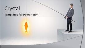  Presentation with golden 50th anniversary - Cool new PPT theme with young businessman fishing golden fish backdrop and a light gray colored foreground