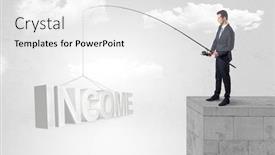 Presentation with fishing - PPT theme featuring young businessman fishing money income from the top of a building background and a white colored foreground